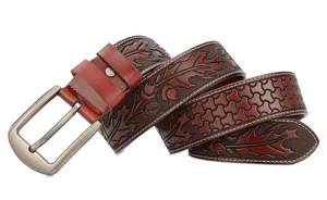 Men's vintage carved cowhide leather belt with stylish metal pin buckle and floral design.