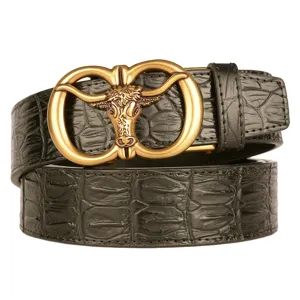 Vintage Bull Head Automatic Buckle Men's Leather Belt Crocodile Pattern Casual Jeans Belt