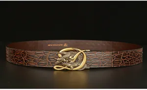 Men luxury crocodile pattern leather belt with vintage gold D buckle detailed design.