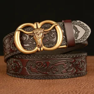 Men's Casual Genuine Leather Belt Vintage Embossed Scroll Pattern Automatic Buckle Belt Cowhead Metal Buckle Waist Band
