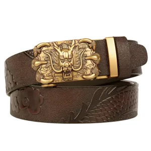 Men's automatic buckle genuine leather belt with embossed dragon design ethnic style