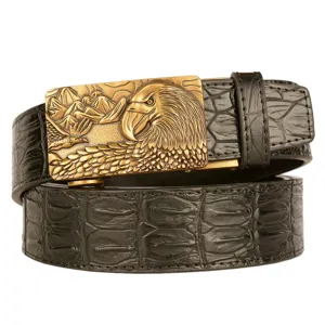 Men's retro eagle automatic buckle belt with black crocodile pattern cowhide for casual wear.