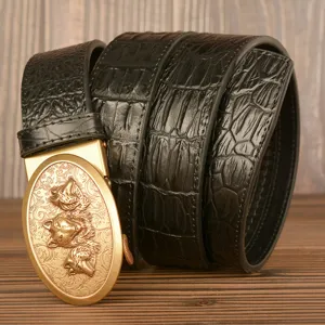 Men's crocodile pattern cowhide leather belt with retro gold three wolf head automatic buckle