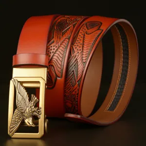 Men's leather belt with flying eagle automatic buckle and embossed cowhide strap.
