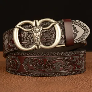 Men's embossed leather belt with stylish bull head automatic buckle and vintage floral scroll.