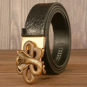 Men Genuine Cowhide Leather Belt Automatic Buckle Crocodile Pattern Snake Metal Buckle Business Casual Waist Belt