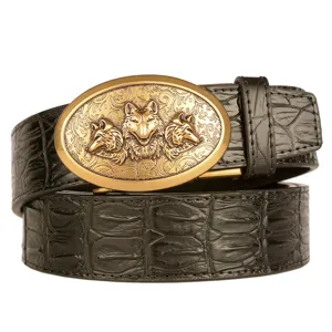Men's leather belt with retro wolf head metal buckle and stylish crocodile pattern design.
