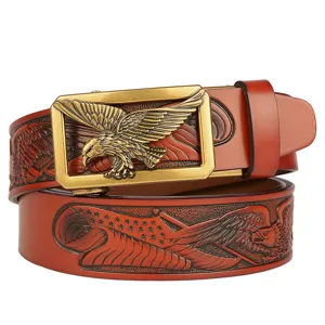 Men leather belt with eagle automatic buckle, embossed brown cowhide casual jeans belt.