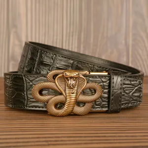 Men's black leather belt with unique brass cobra snake buckle and crocodile pattern design.
