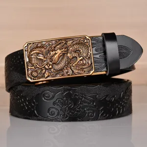 Men's Genuine Leather Automatic Buckle Belt Ethnic Style Dragon Embossed Business Casual Belt With Metal Buckle