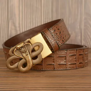 Men's brown leather belt featuring a textured crocodile pattern and a unique cobra metal buckle.