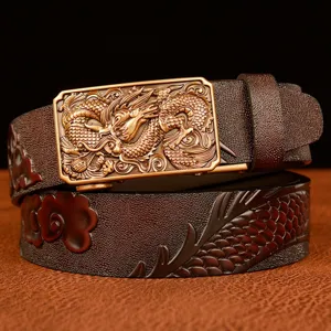 Men's Vintage Ethnic Style Dragon Embossed Cowhide Leather Automatic Buckle Belt Metal Buckle Casual Denim Pants Waist Belt