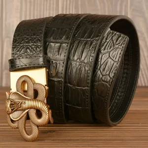 Men's genuine leather belt with crocodile pattern and vintage brass cobra snake buckle stylish.