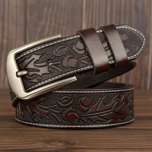 Men's Casual Vintage Cowhide Leather Belt Floral Carved Embossed Alloy Pin Buckle Belt For Jeans Daily Wear