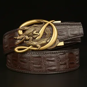 Men's Business Casual Leather Belt Automatic Buckle Crocodile Pattern Cowhide Waistband Metal Buckle