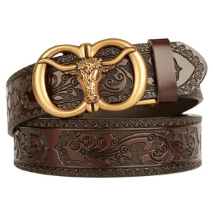 Men's leather belt with bull head automatic buckle and embossed vintage floral pattern stylish.