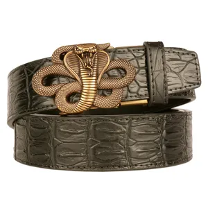Men's leather belt with crocodile pattern and cobra buckle, stylish black waist strap for men.
