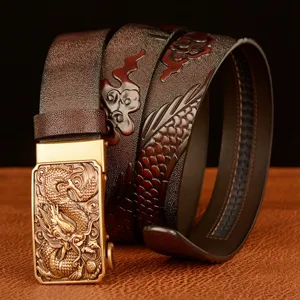 Men's automatic buckle leather belt featuring embossed dragon patterns and retro golden hardware.