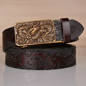 Men's luxury embossed dragon leather belt with golden automatic buckle for stylish jeans wear.