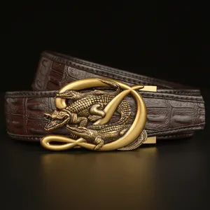 Men's brown leather belt with stylish gold crocodile D-buckle, casual and business wear.