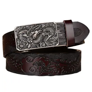 Men's genuine leather belt featuring an intricate embossed dragon buckle and stylish pattern strap.