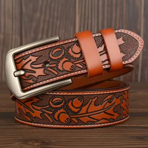 Men's cowhide embossed casual leather belt with vintage metal buckle for jeans and daily wear.