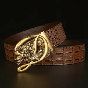 Stylish men's brown leather belt with unique golden crocodile metal automatic buckle design.
