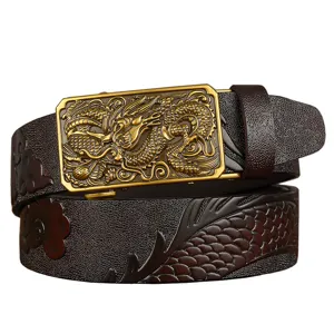 Men's leather belt with dragon automatic buckle, vintage ethnic embossed cowhide strap for jeans.