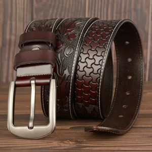 Men's Vintage Embossed Cowhide Leather Belt Casual Carved Floral Pattern Metal Pin Buckle