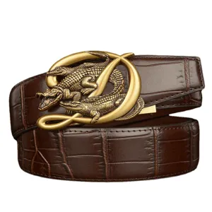 Men's genuine leather belt with stylish crocodile metal automatic buckle and textured strap.