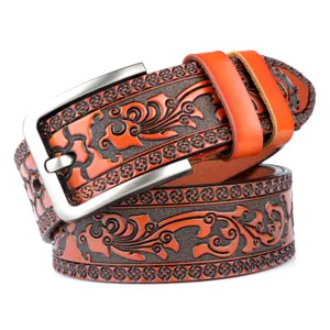 Men's vintage embossed cowhide leather belt with metal buckle for casual jeans fashion main
