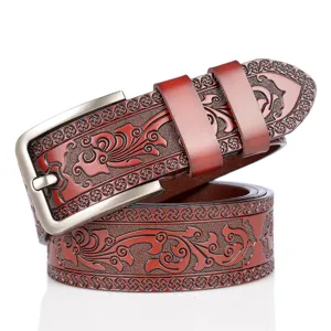 Vintage embossed leather belt for men stylish casual jeans belt with metal pin buckle.