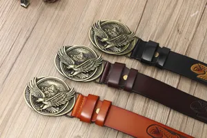 Men vintage leather belt with metal eagle buckle, casual carved strap detail, 3 color choices