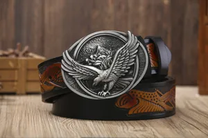 Men western leather belt with detailed embossed eagle buckle and carved strap design.