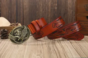 Men vintage genuine leather belt with metallic eagle buckle and carved pattern casual.