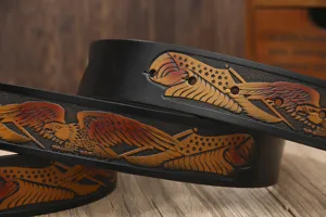 Men's casual genuine cowhide leather belt with vintage embossed eagle and flag pattern.