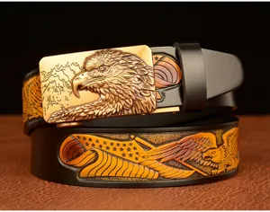 Men leather belt detail showing eagle buckle and embossed strap for casual jeans wear