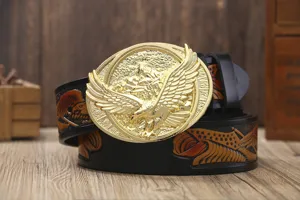 Men's genuine leather belt with a striking gold eagle buckle and embossed vintage strap details.