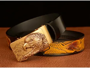 Men's genuine leather belt featuring a detailed eagle buckle and embossed strap for jeans