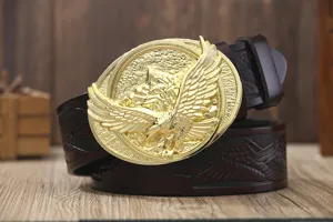 Men's vintage cowhide leather belt with gold eagle buckle and embossed strap casual style.