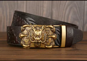 Men leather belt automatic buckle brass dragon head embossed cowhide belt stylish accessory