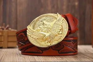 Men casual leather belt with gold eagle buckle and embossed carved pattern for stylish look.