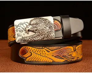 Men leather belt with eagle head automatic buckle and embossed eagle strap for jeans wear.