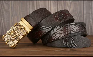 Men's automatic leather belt with gold dragon buckle and embossed pattern. Stylish and durable.