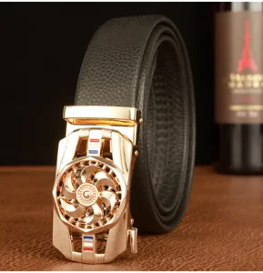 Men's leather belt automatic buckle casual business rotating turbine design cowhide strap