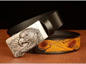 Men's automatic leather belt with metallic eagle head buckle and embossed strap design detail.
