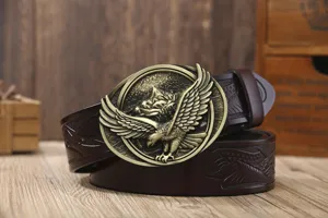 Men vintage cowhide leather belt with bronze eagle buckle, casual carved western style pants belt