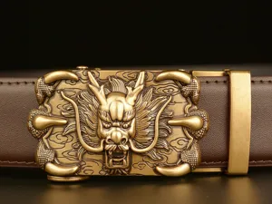 Detail view of men's genuine leather belt featuring a domineering dragon claw metal automatic buckle.