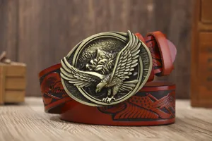 Men's retro leather belt with vintage metal eagle buckle and detailed carved strap design.