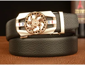 Detail shot of men's genuine leather automatic belt with gold rotating mechanical buckle.